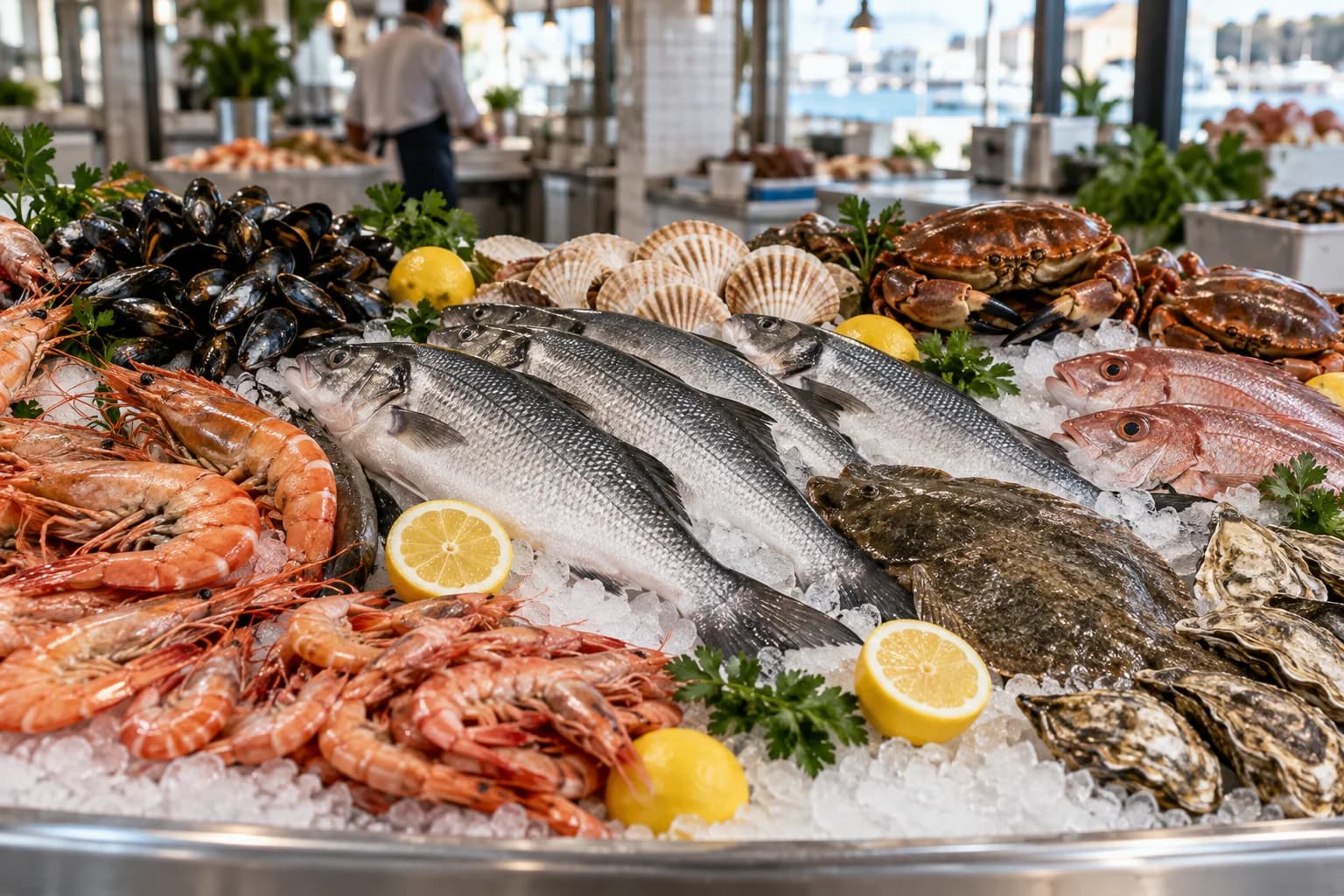 Poissons et fruits de mer sur un étal de marché.